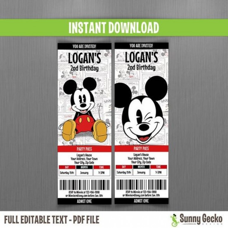 Mickey Mouse Birthday Ticket Invitations (Comic Background)